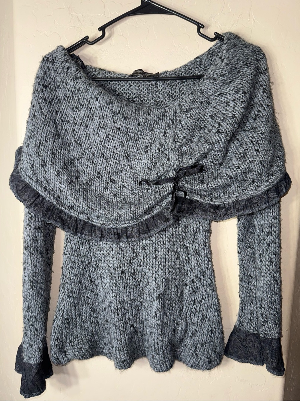 Zone Bleue Paris Gray Knit Cape Collar Lace Ruffle Sweater Fairycore Y2K Small